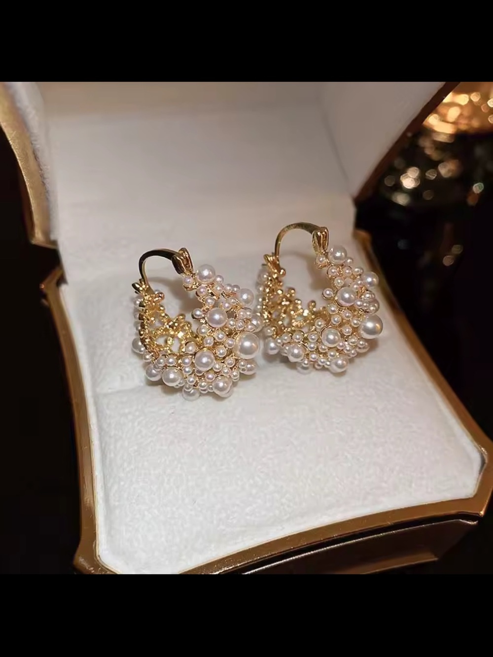 Gold Pearl Cluster Hoop Earrings New